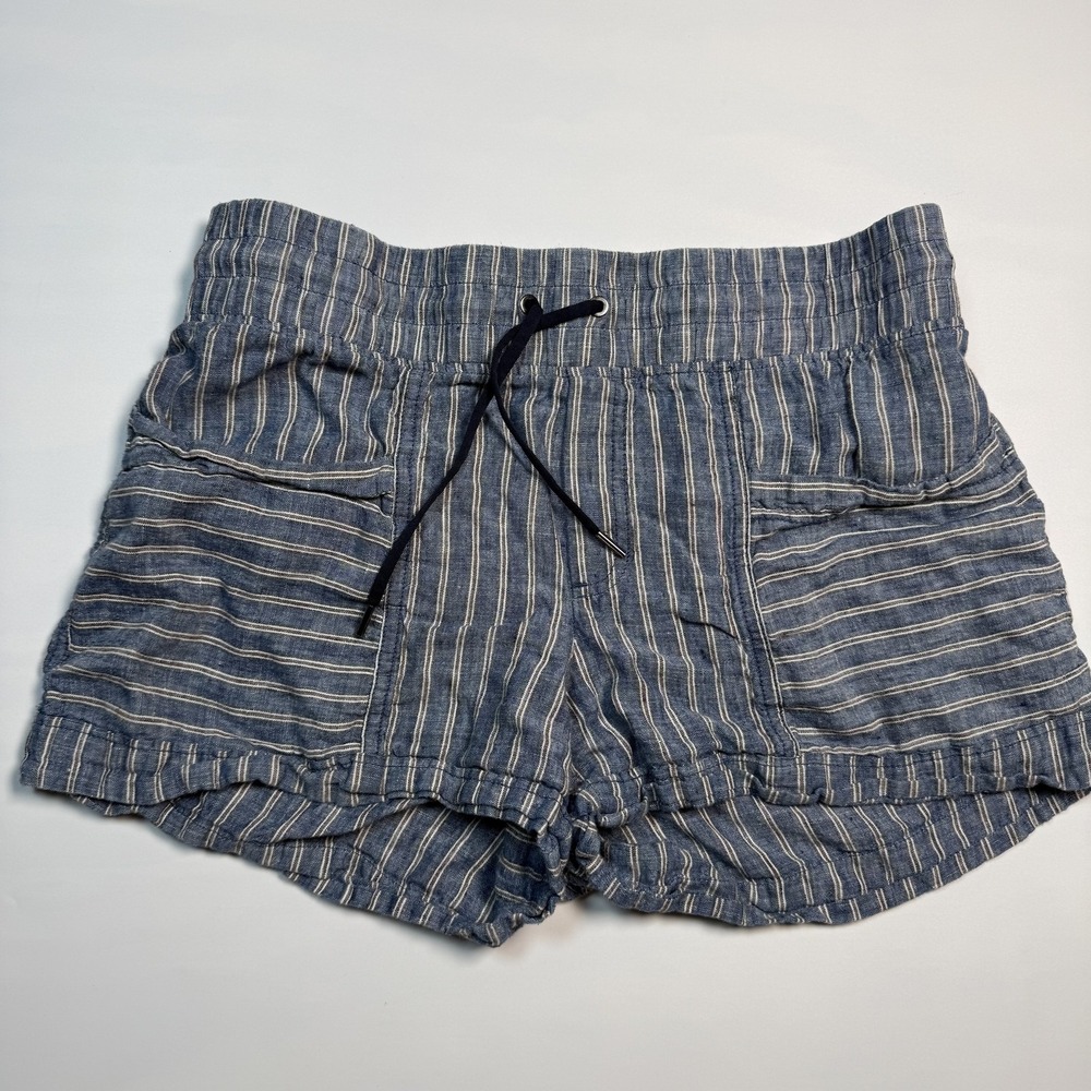 Athleta Shorts Womens 12 Blue Striped Linen Chambray Elastic Waist Casual Summer